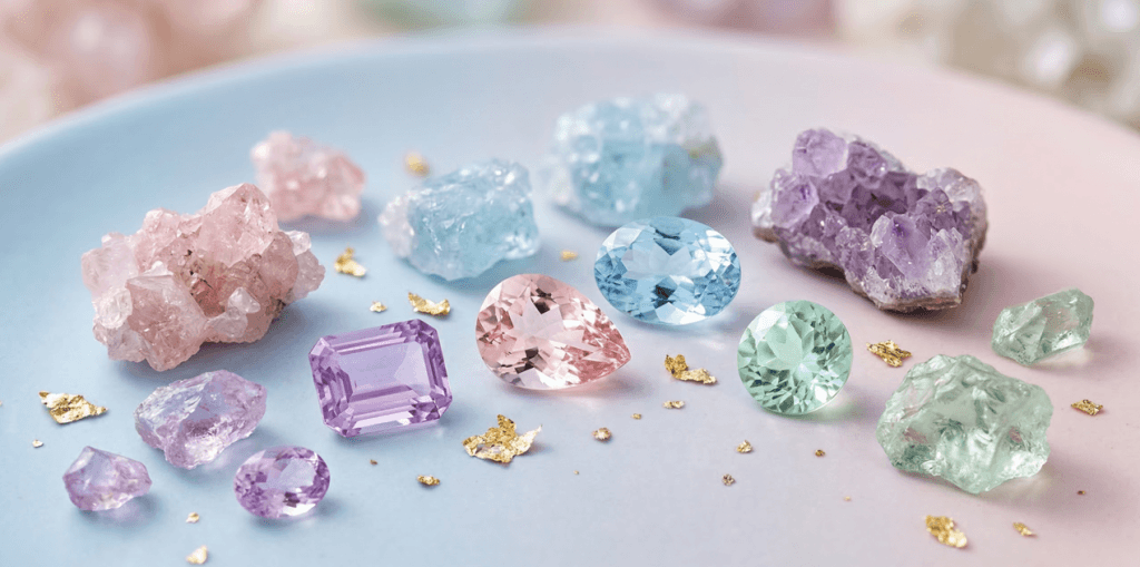 Visão de cima de uma variedade de pedras preciosas soltas (como lapidações pera, oval e retangular) e espécimes minerais brutos em tons suaves de candy colors: rosa, azul-céu, lavanda e verde-menta. Estão dispostos sobre um prato cerâmico com um gradiente pastel azul e rosa. Flocos de folha de ouro estão espalhados pela composição.