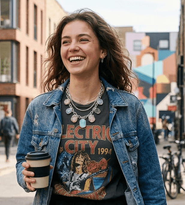 Uma foto de street style de uma mulher sorrindo abertamente, caminhando em uma rua de cidade. Ela veste uma jaqueta jeans desgastada sobre uma camiseta preta de estilo vintage. Em volta do pescoço, um colar em camadas de prata com múltiplas pedras grandes em tons suaves de candy colors — rosa, azul-céu e verde-menta. Ela segura um copo de café para viagem. O fundo é uma rua urbana movimentada e desfocada.
