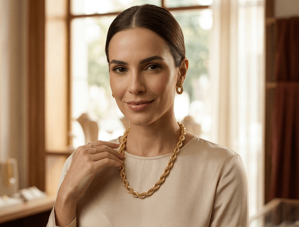 Close no rosto de uma mulher sorridente em uma joalheria, com cabelos presos e vestindo uma blusa bege. Ela exibe um conjunto de joias banhadas a ouro: um colar grosso estilo cordão baiano, brincos de argola em formato de twist e um anel delicado na mão que toca o pescoço. O fundo mostra vitrines desfocadas.