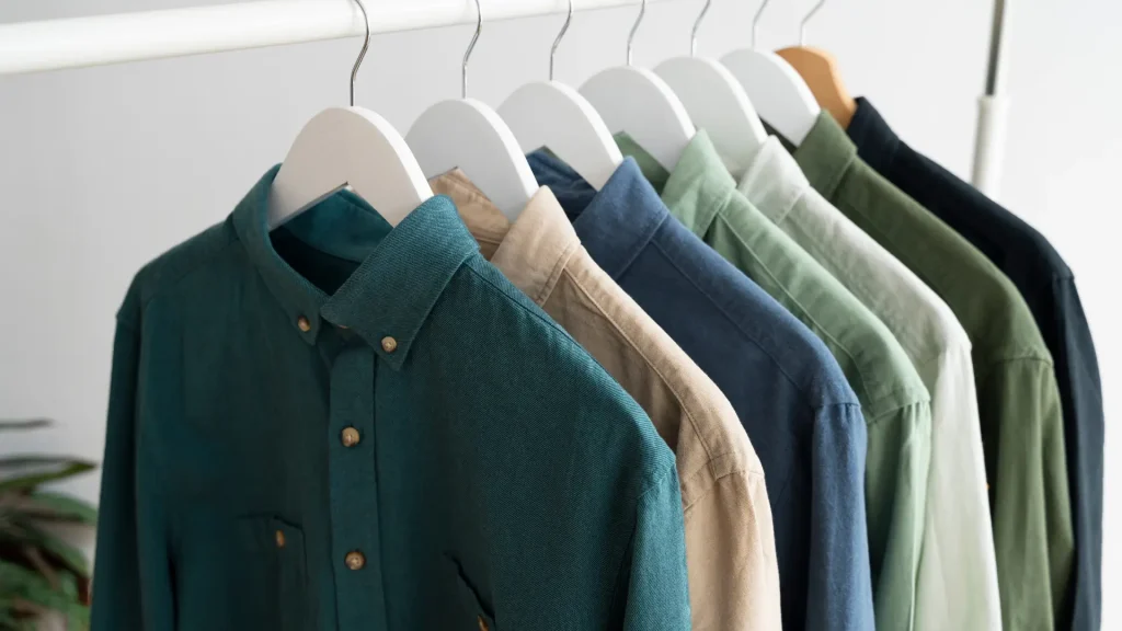 Arara de roupas com camisas em tons terrosos, azul e cinza ao lado de peças verdes, demonstrando paletas de cores que combinam com verde.