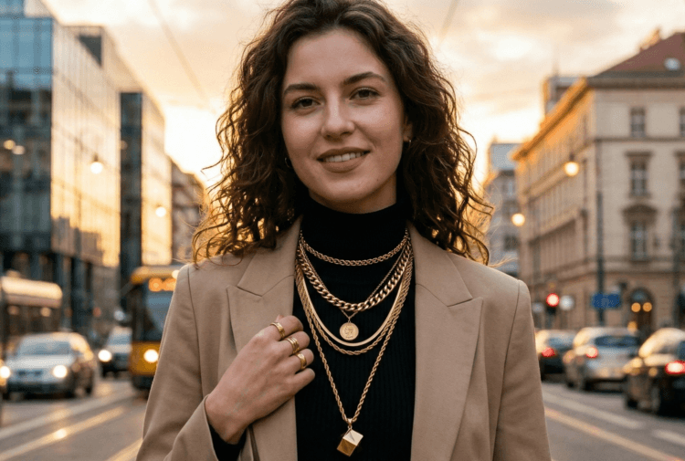Foto em plano médio de uma mulher elegante em uma avenida movimentada durante o pôr do sol. Ela veste um blazer bege sobre gola alta preta, destacando um mix de corrente de  colares de ouro feminina. Iluminação quente e arquitetura urbana ao fundo.