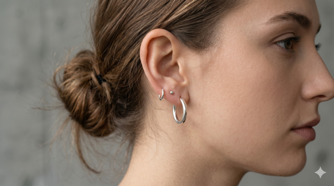 Close-up em perfil da orelha de uma mulher com cabelo preso, mostrando múltiplos furos. No primeiro furo, uma argola de aro médio e liso em ouro; nos furos extras, dois brincos solitários menores com hastes e cristais redondos brilhantes.