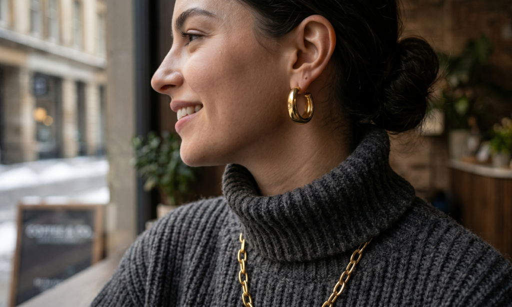 Mulher de perfil sorrindo em um café, ela veste uma blusa de gola alta em tricô cinza escuro, destacando brincos de argola dourados grossos e uma corrente de elos dourada por cima da gola. O cabelo está preso em um coque, realçando as joias.