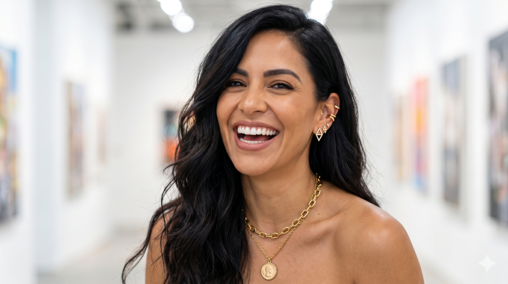 Um retrato em close-up de uma mulher sorridente com cabelos pretos longos e ondulados, em pé em uma galeria de arte bem iluminada com pinturas borradas ao fundo. Ela está usando várias joias de ouro: uma combinação de colares de elos de corrente em camadas com um pingente de moeda circular e um mix de brincos de argola, ear cuffs e pinos geométricos na orelha esquerda. Ela está com os ombros nus.