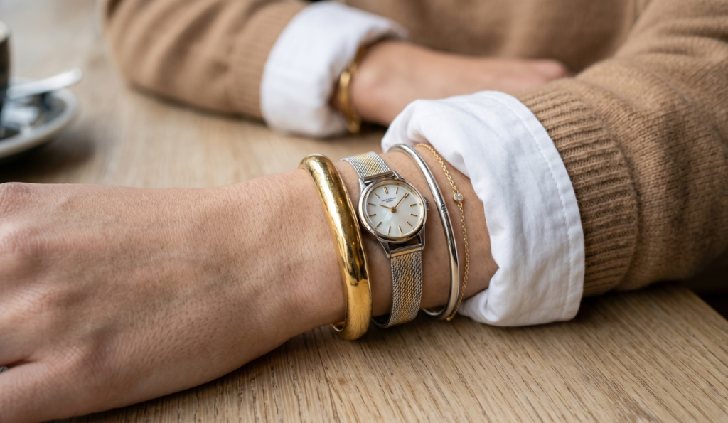 Close detalhado do pulso de uma mulher usando um mix de joias. Ela veste um suéter de tricô bege sobre uma camisa branca, com o punho dobrado para fora. No pulso, exibe uma combinação moderna de metais: um bracelete grosso de ouro, um relógio de malha prateada e pulseiras delicadas em prata e ouro com pequenos pontos de brilho.