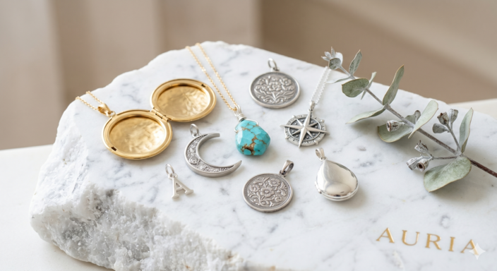 Fotografia de still life sobre mármore branco apresentando uma coleção de joias: diversos modelos de pingente em ouro e prata, incluindo um relicário aberto, uma lua com cristais, uma pedra turquesa natural, medalhas trabalhadas e uma letra inicial.