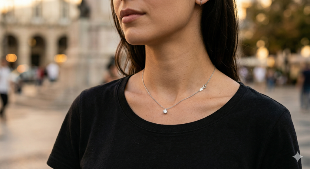 Mulher jovem em ambiente urbano desfocado, usando uma camiseta preta básica e um colar ponto de luz em prata com pingente de pedra única brilhante, destacando um visual moderno e minimalista.