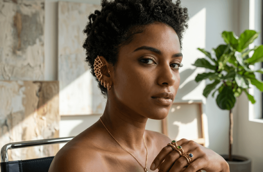 Mulher negra com cabelo curto crespo, posando em um ateliê ou estúdio iluminado pelo sol. Ela está de perfil, destacando um ear cuff maxi em ouro amarelo com design vazado em formato de rede ou teia, que envolve toda a lateral da orelha, complementado por pequenas argolas. Ela está exibindo um colar de corrente fina e anéis de ouro com pedras verdes e azuis nos dedos.