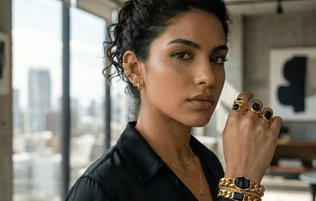 Mulher de pele morena e cabelos cacheados escuros em um ambiente moderno e iluminado de escritório. Ela está de perfil parcial, exibindo na orelha um ear cuff dourado de múltiplas tiras paralelas e pequenos brincos de argola no lóbulo. Ela veste uma camisa preta de seda e usa um mix de colares finos de ouro, anéis robustos com pedras escuras e braceletes de corrente grossa no pulso.