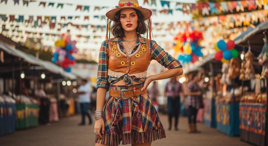 Mulher jovem posando em uma quermesse decorada com bandeirinhas juninas, vestindo um look caipira chic moderno com saia xadrez de franjas, colete de couro com girassóis bordados e chapéu de palha.