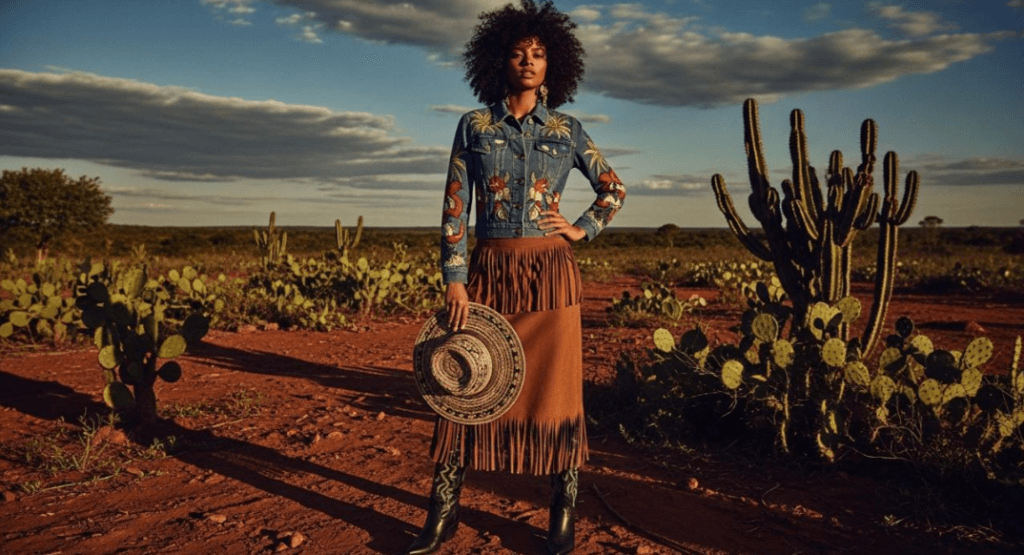 Mulher com cabelo cacheado estilo black power posando no sertão ao pôr do sol, usando jaqueta jeans com bordados florais coloridos, saia de camurça marrom com franjas, botas de couro e segurando um chapéu de palha estruturado.