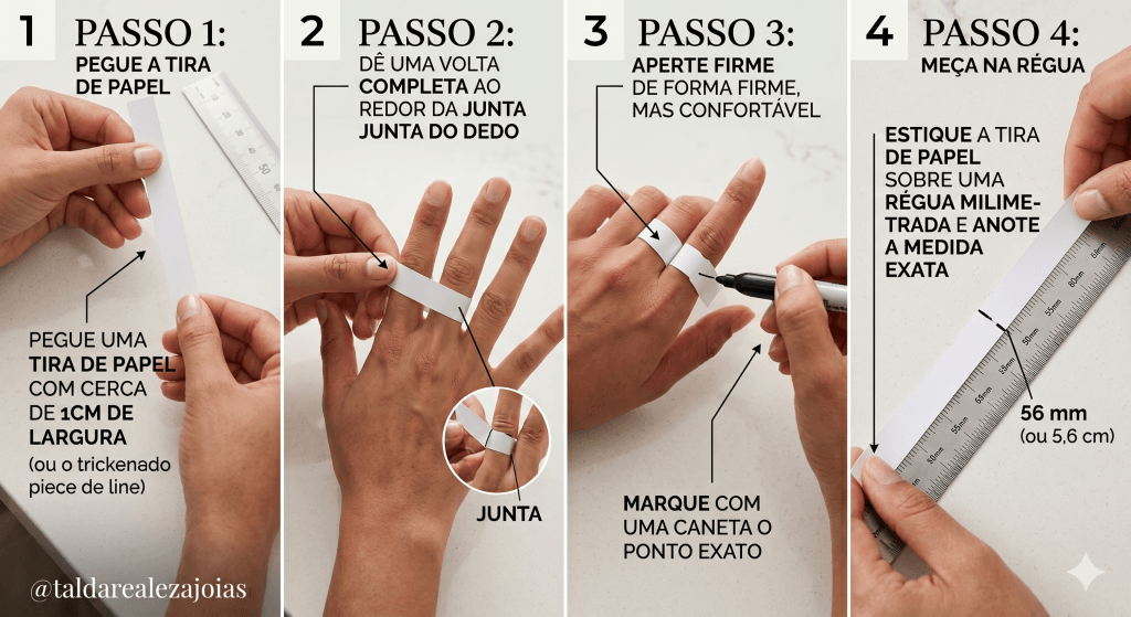 Infográfico dividido em 4 passos ilustrando como medir a circunferência do dedo em casa usando uma fita de papel com o intuito de educar sobre o tamanho do anel. O Passo 1 mostra o corte do papel; o Passo 2 mostra a fita ao redor da junta do dedo; o Passo 3 mostra a fita sendo marcada com caneta; o Passo 4 mostra a fita esticada sobre uma régua marcando 56 milímetros. Inclui a assinatura @taldarealezajoias no canto inferior esquerdo.