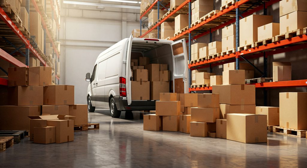 Furgão branco de transporte estacionado dentro de um centro de distribuição logístico com prateleiras cheias de caixas de papelão organizadas para envio.