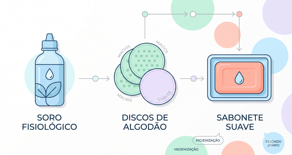 Infográfico ilustrado mostrando o passo a passo de cuidados com soro fisiológico, discos de algodão e sabonete suave. Cuidados necessários após a perfuração do piercing no mamilo.