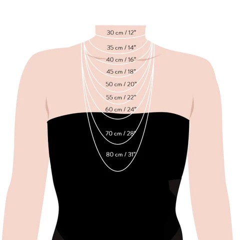 Ilustração esquemática detalhando a tabela de medidas de correntes femininas de 30 cm a 80 cm.