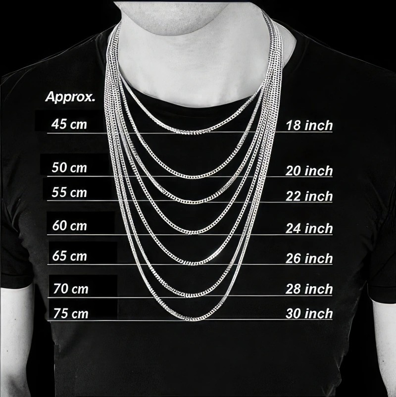 Tabela ilustrativa demonstrando o tamanho de corrente masculina de 45 cm a 75 cm no corpo.